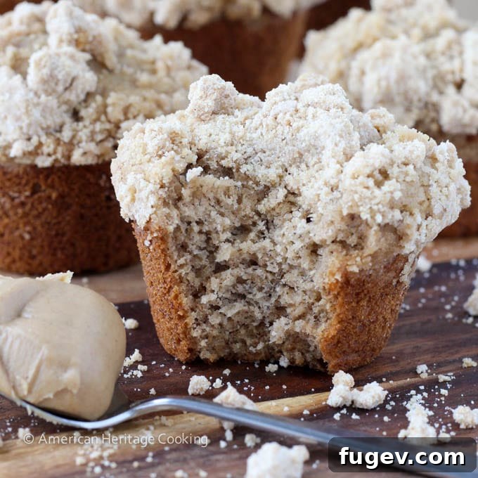 PB & Banana Bliss Muffins 3 Close-up of Peanut Butter Banana Muffins with Peanut Butter Streusel