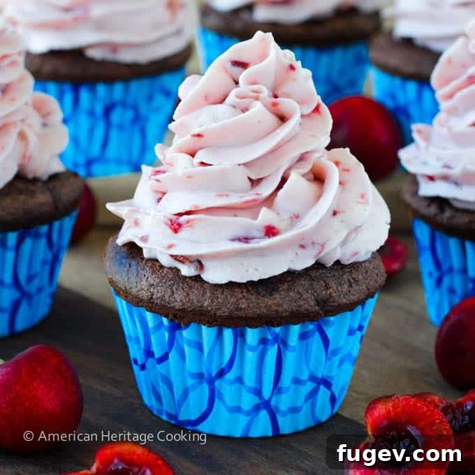 Velvet Double Chocolate Cherry Mascarpone Cupcakes 2 Decadent Double Chocolate Cupcakes with vibrant Cherry Mascarpone Frosting