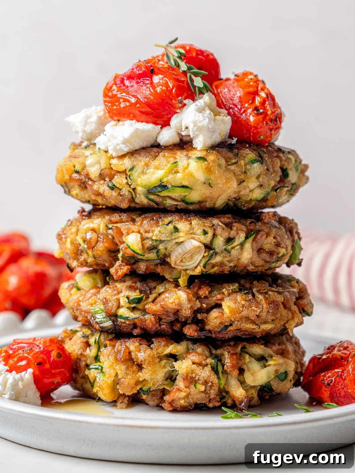 Golden Zucchini Fritters Delight 2 stack of 4 zucchini fritters with cheese and tomatoes.