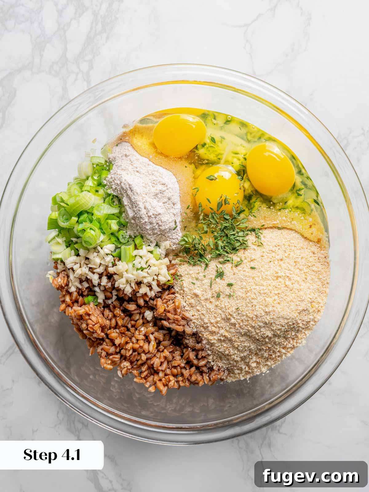 Golden Zucchini Fritters Delight 8 ingredients for zucchini fritters in bowl before mixing.