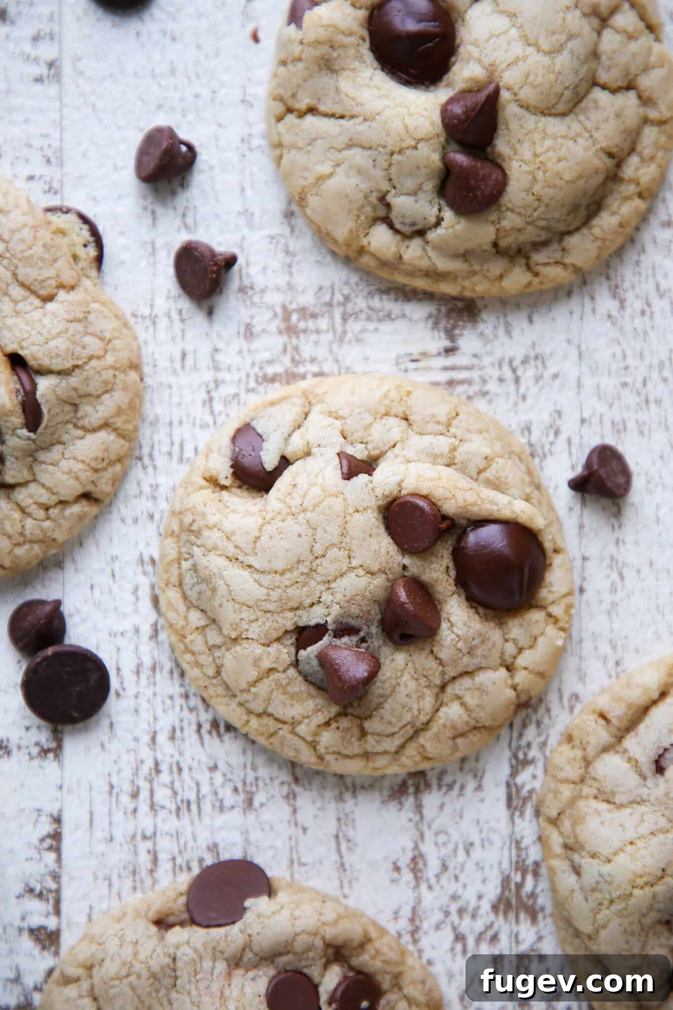 Nutty Brown Butter Chocolate Chip Treasures 2 Stacked Brown Butter Cream Cheese Chocolate Chip Cookies on a white painted wooden surface, highlighting their soft texture and melty chocolate.