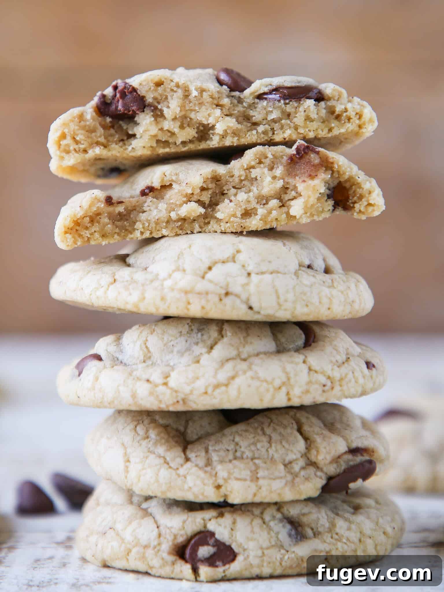 Nutty Brown Butter Chocolate Chip Treasures 3 Tall stack of golden Brown Butter Cream Cheese Chocolate Chip Cookies.