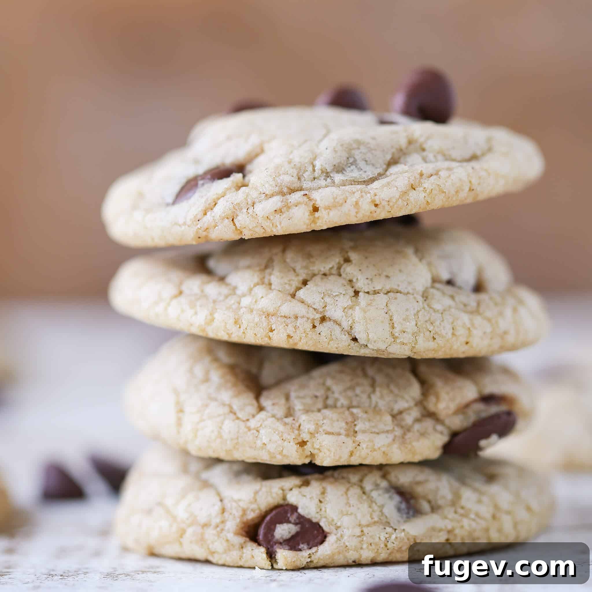 Nutty Brown Butter Chocolate Chip Treasures 4 Stacked Brown Butter Cream Cheese Chocolate Chip Cookies on a cooling rack.