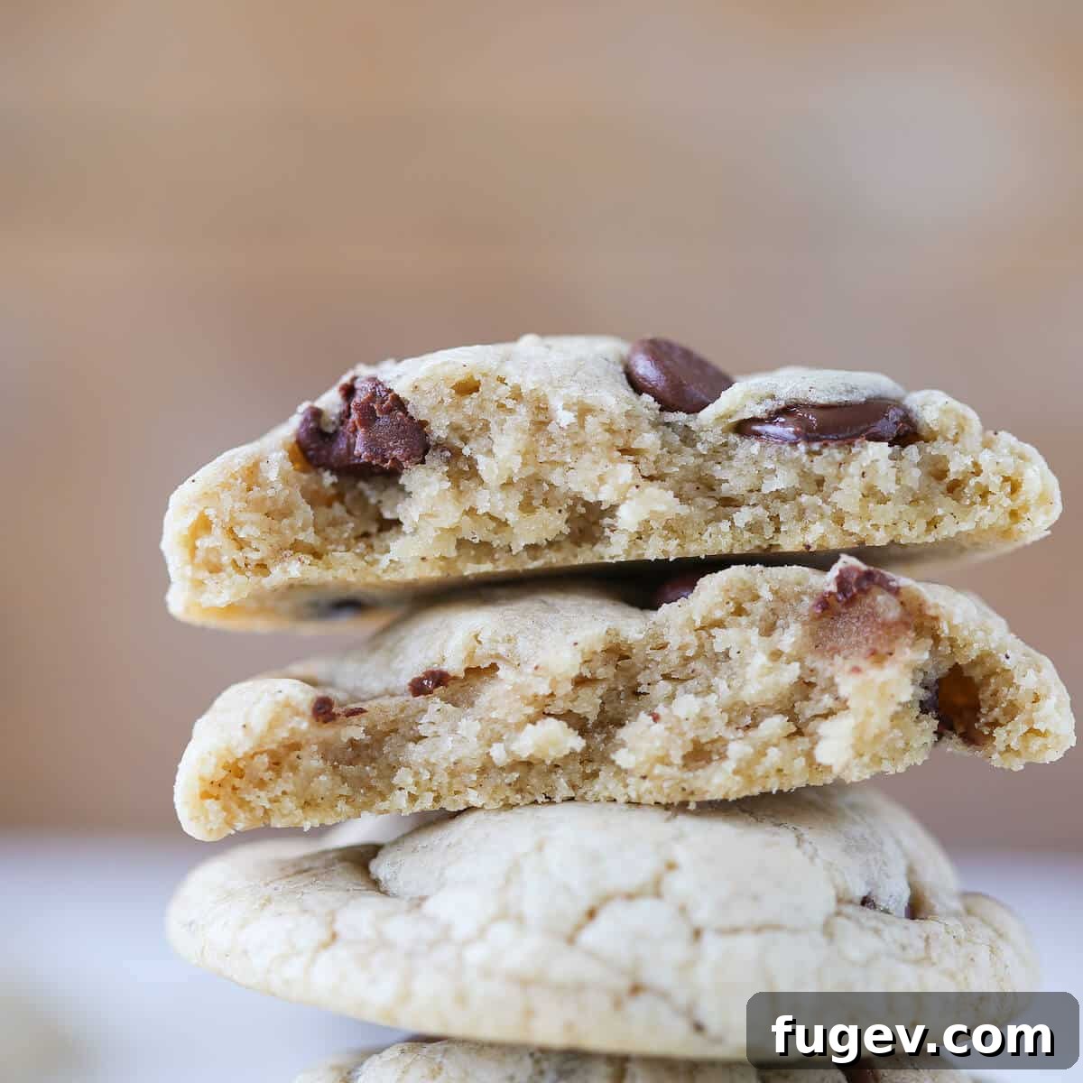 Nutty Brown Butter Chocolate Chip Treasures 5 Interior view of a Brown Butter Cream Cheese Chocolate Chip Cookie, showing melty chocolate and chewy texture.