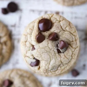 Brown Butter Cream Cheese Chocolate Chip Cookies stack viewed from top.