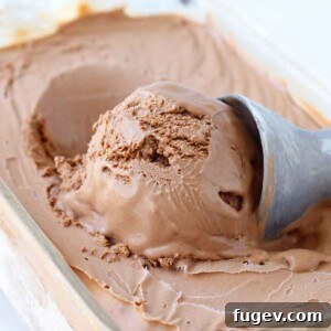 Decadent Chocolate Dream Ice Cream 5 A perfect scoop of chocolate ice cream being served from a frozen glass dish.