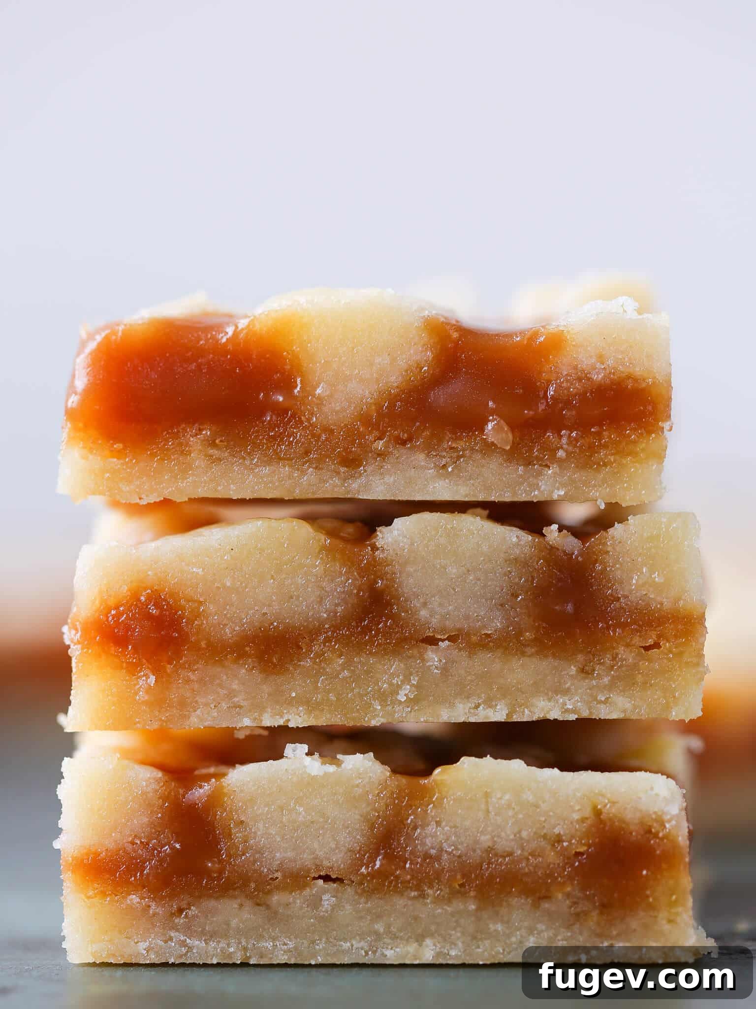 Salted Caramel Butter Bars 4 Beautifully sliced salted caramel butter bars, perfectly stacked to show their layers