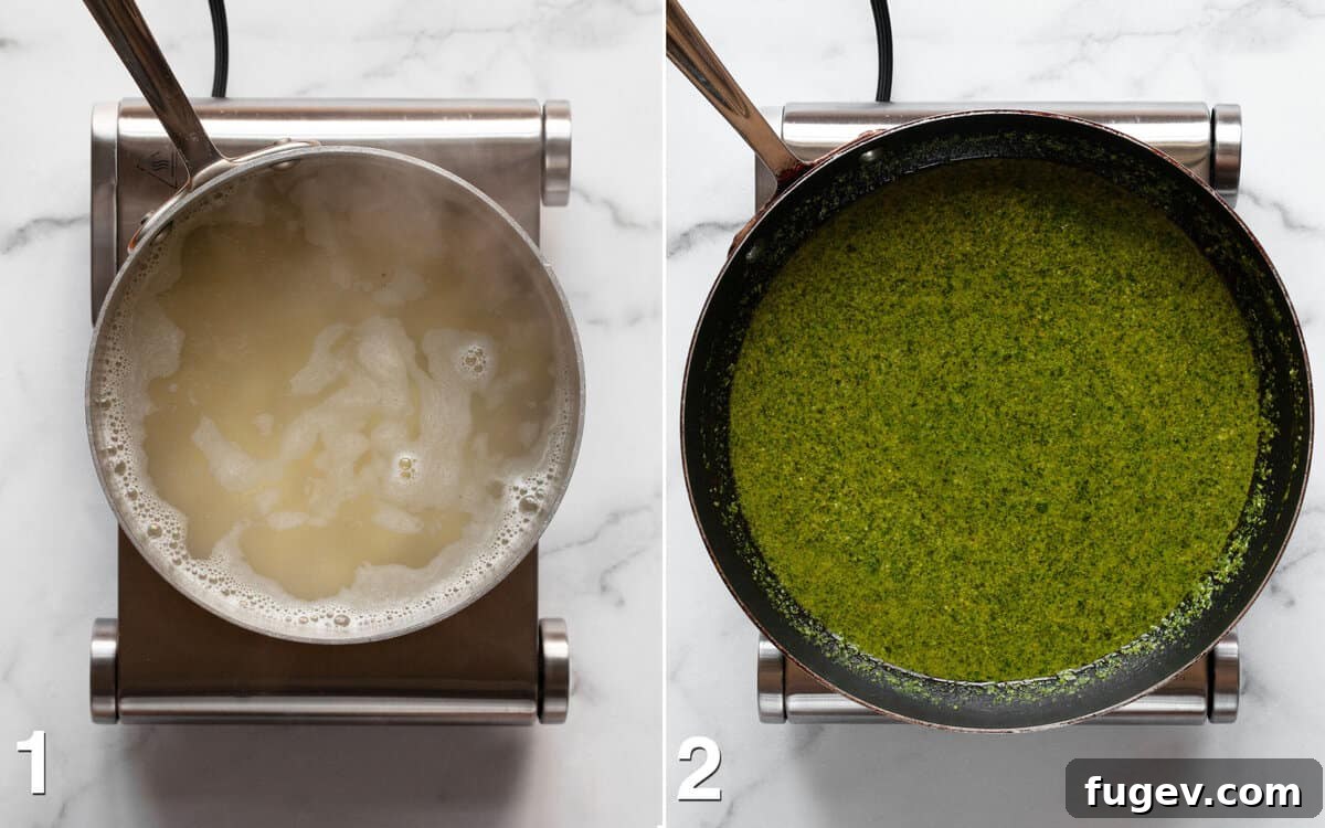 Tuscan Gnocchi with Sun-Dried Tomato Pesto 4 Two images side-by-side: gnocchi simmering in a pot of water, and vibrant pesto sauce warming gently in a skillet.