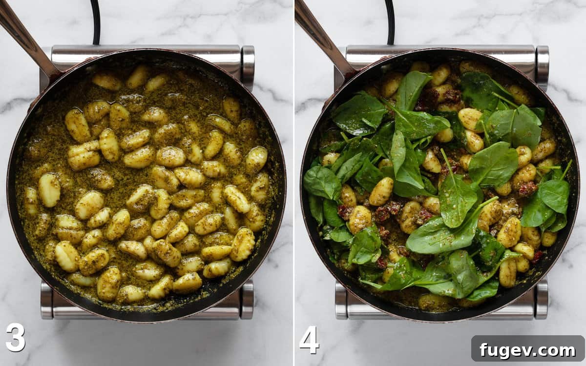Tuscan Gnocchi with Sun-Dried Tomato Pesto 5 Two images side-by-side: gnocchi being stirred into lemon pesto in a skillet, and sun-dried tomatoes and spinach folded into the gnocchi mixture in the skillet.