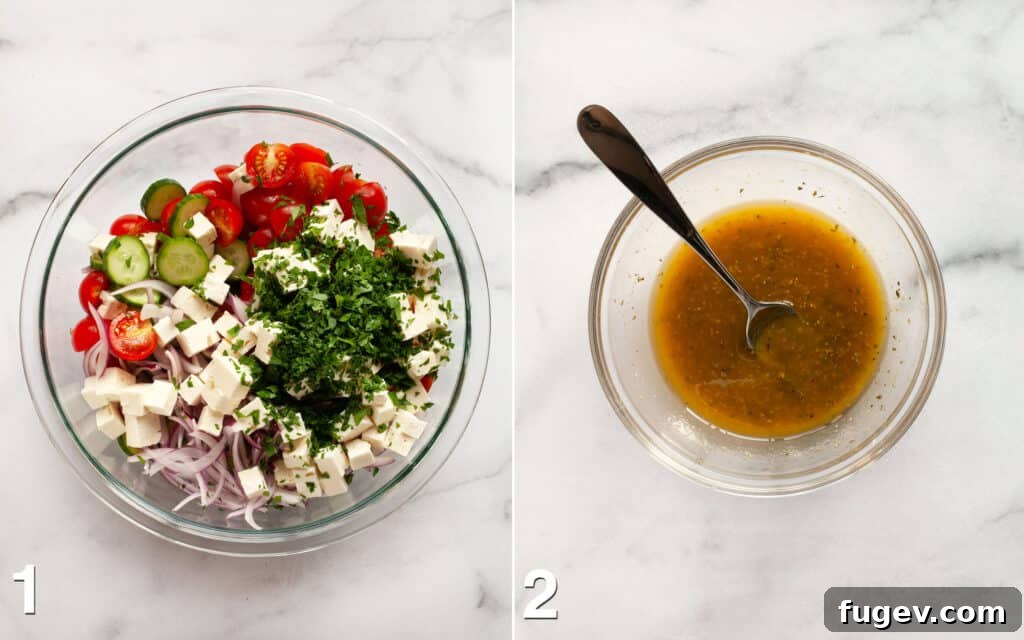 Mediterranean Feta Salad 4 Salad ingredients assembled in a large bowl. Greek vinaigrette whisked in another bowl.