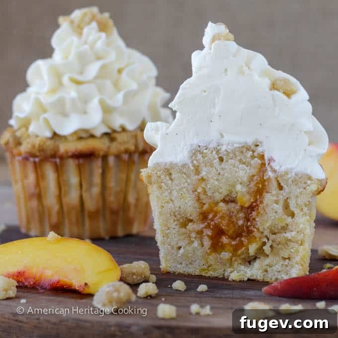Summer Peach Crisp Cupcakes with Whipped Vanilla Swiss Meringue 5 Peach Crisp Cupcakes filled with peach compote and topped with Swiss meringue buttercream