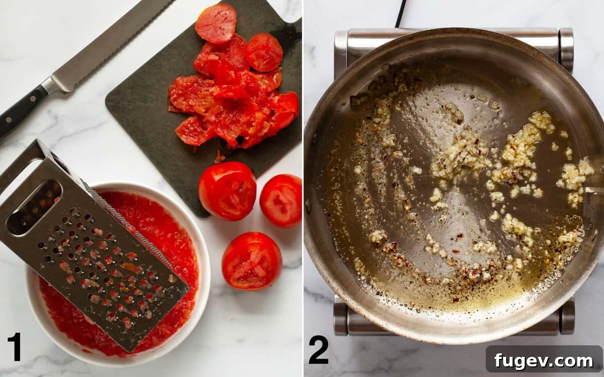 Garden Fresh Tomato Basil Delight 4 Sequential image showing ripe tomatoes being grated with a box grater into a bowl, and minced garlic with red pepper flakes sautéing in olive oil in a skillet, illustrating the initial steps of the recipe.