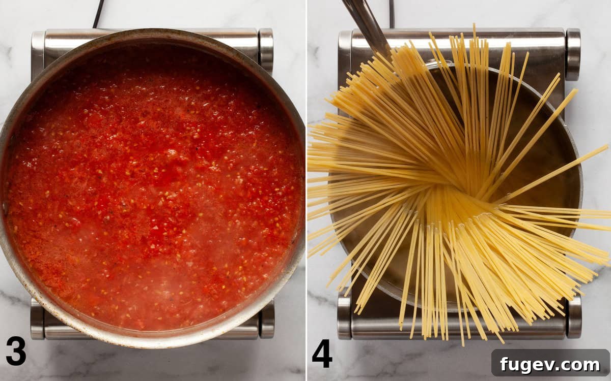 Garden Fresh Tomato Basil Delight 5 Sequential image showing the fresh tomato sauce simmering in a large skillet, and spaghetti cooking in a pot of boiling water, illustrating the simultaneous cooking process for the pasta and sauce.