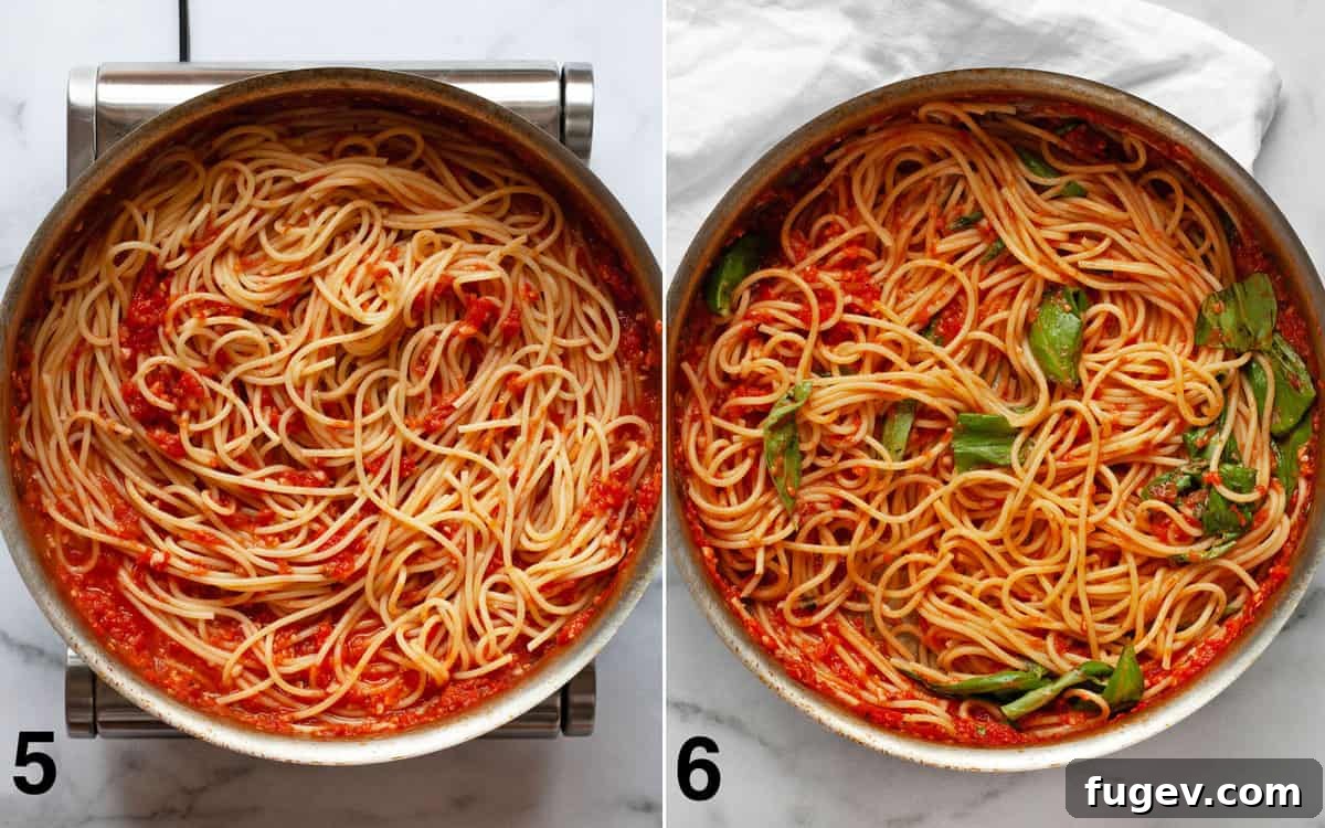 Garden Fresh Tomato Basil Delight 6 Sequential image showing cooked spaghetti being stirred into the simmering tomato sauce in a skillet, followed by fresh basil leaves and grated Parmesan cheese being folded into the pasta, depicting the final steps.