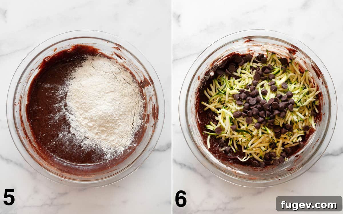 Sneaky Zucchini Brownie Bliss 6 First image shows all-purpose flour being folded into the brownie batter. Second image captures shredded zucchini and additional chocolate chips being gently stirred into the mix.