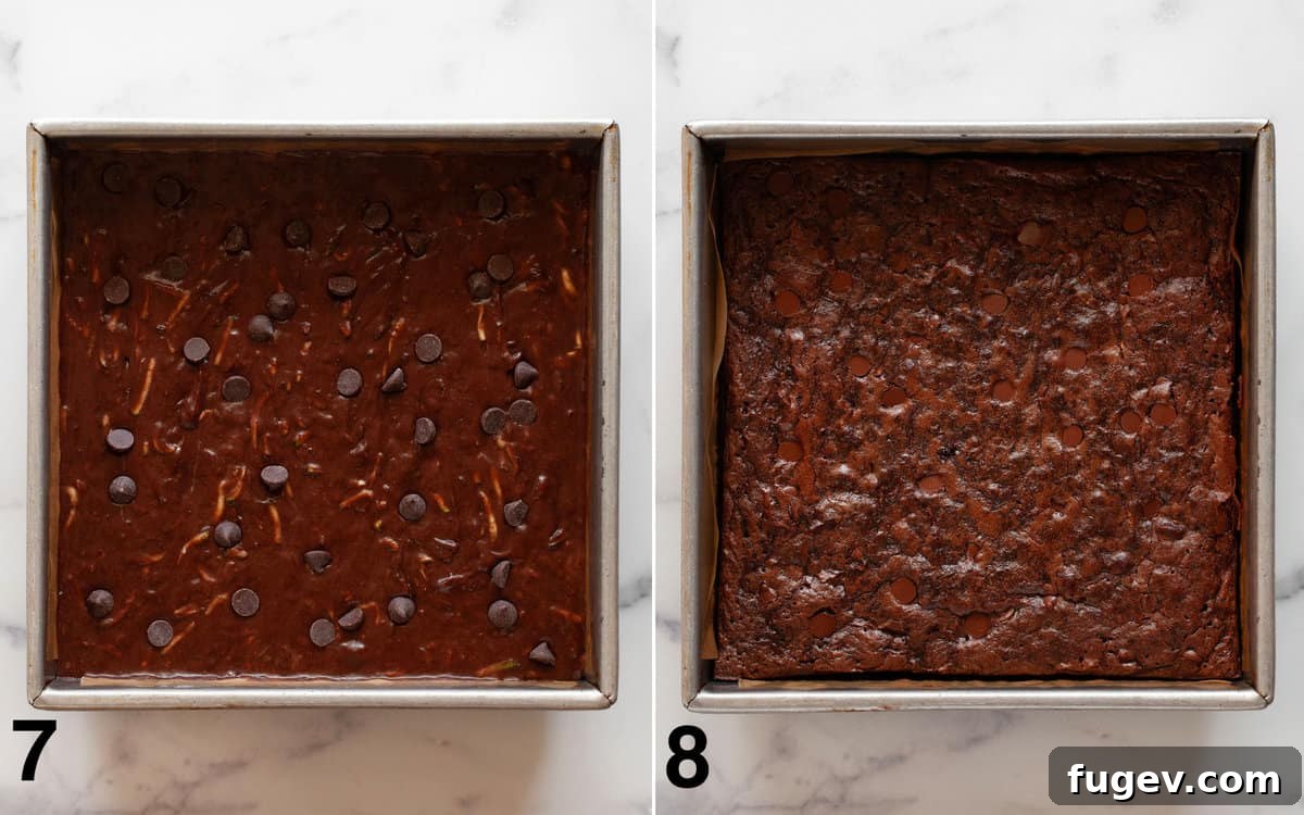Sneaky Zucchini Brownie Bliss 7 First image shows raw brownie batter spread evenly in a parchment-lined baking pan. Second image displays the same pan filled with beautifully baked zucchini brownies, ready to cool.