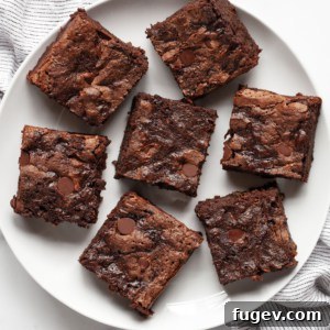 Sneaky Zucchini Brownie Bliss 9 Seven delicious zucchini brownies artfully arranged on a white plate, showcasing their rich, dark color and fudgy texture.