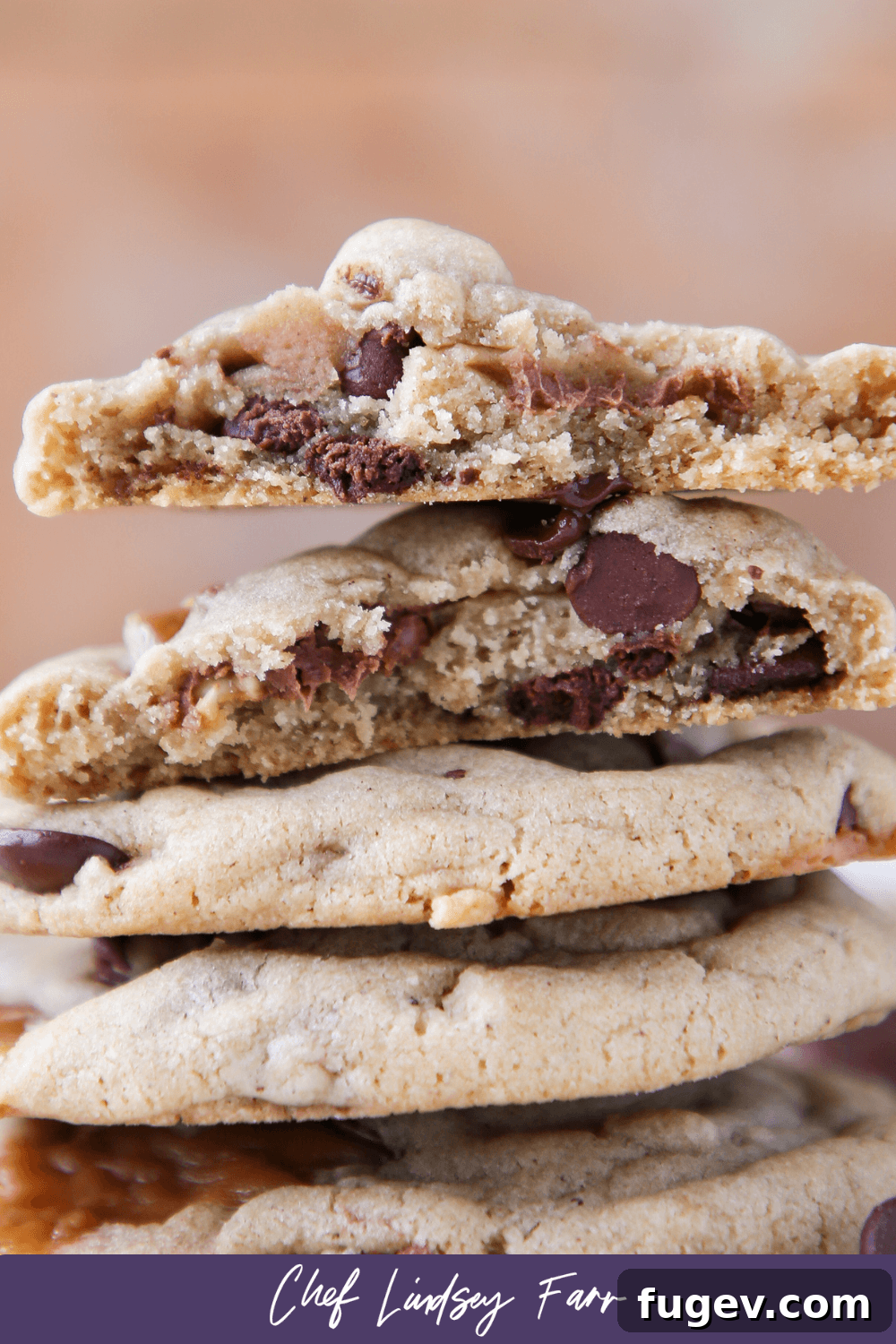 Molten Caramel Snickers Brown Butter Chocolate Chip Cookies 8 Caramel Stuffed Brown Butter Snickers Chocolate Chip Cookies Purple Border