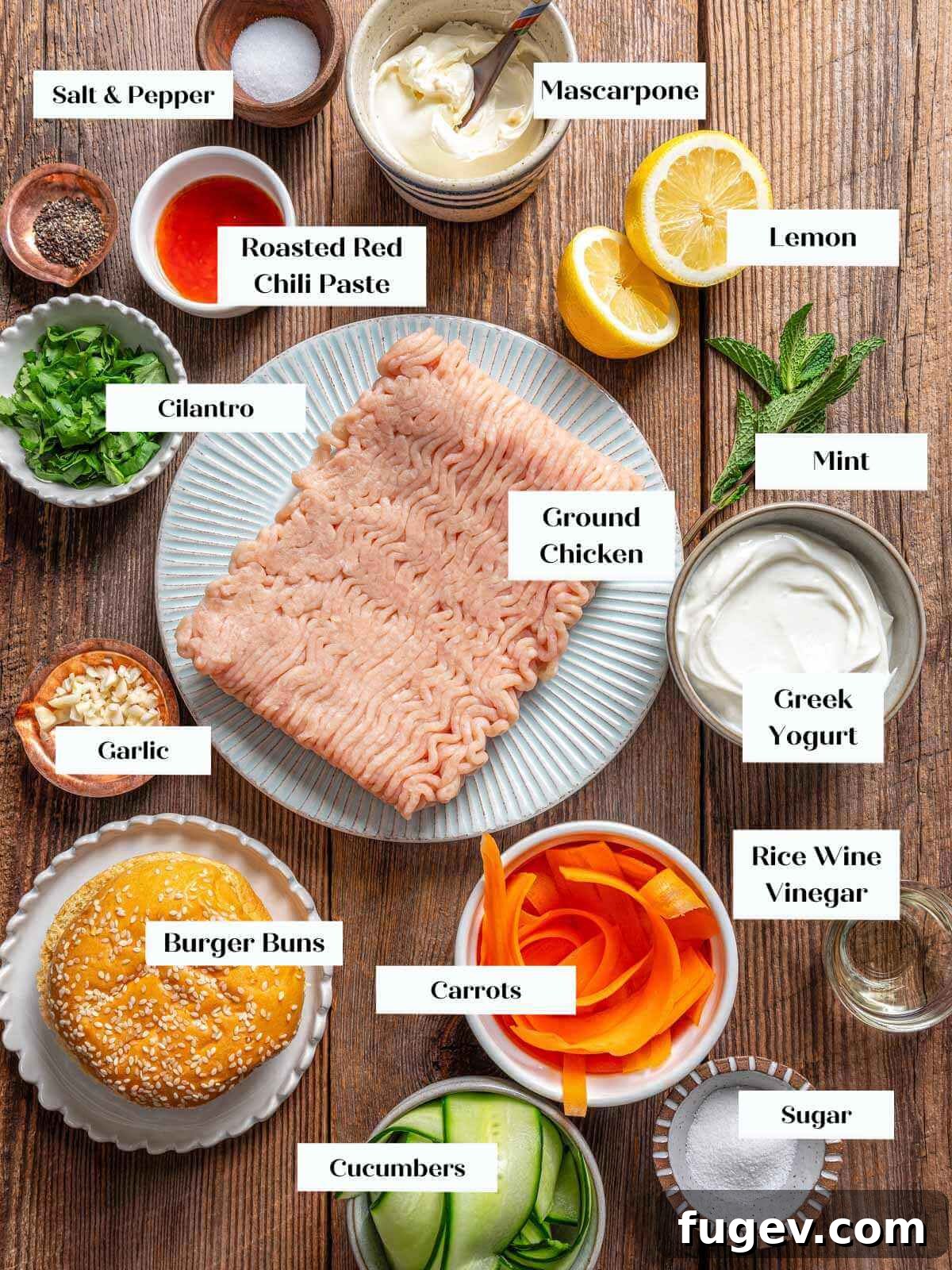 Succulent Chicken Burgers 4 Fresh ingredients for chicken burgers laid out on a wooden board, including ground chicken, cilantro, garlic, lemon, mint, and spices.