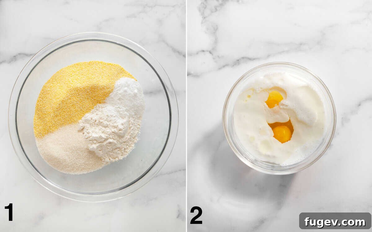 Southern Comfort Buttermilk Cornbread 4 Two bowls side-by-side. One large bowl contains all the dry ingredients, while a smaller bowl holds the whisked wet ingredients.
