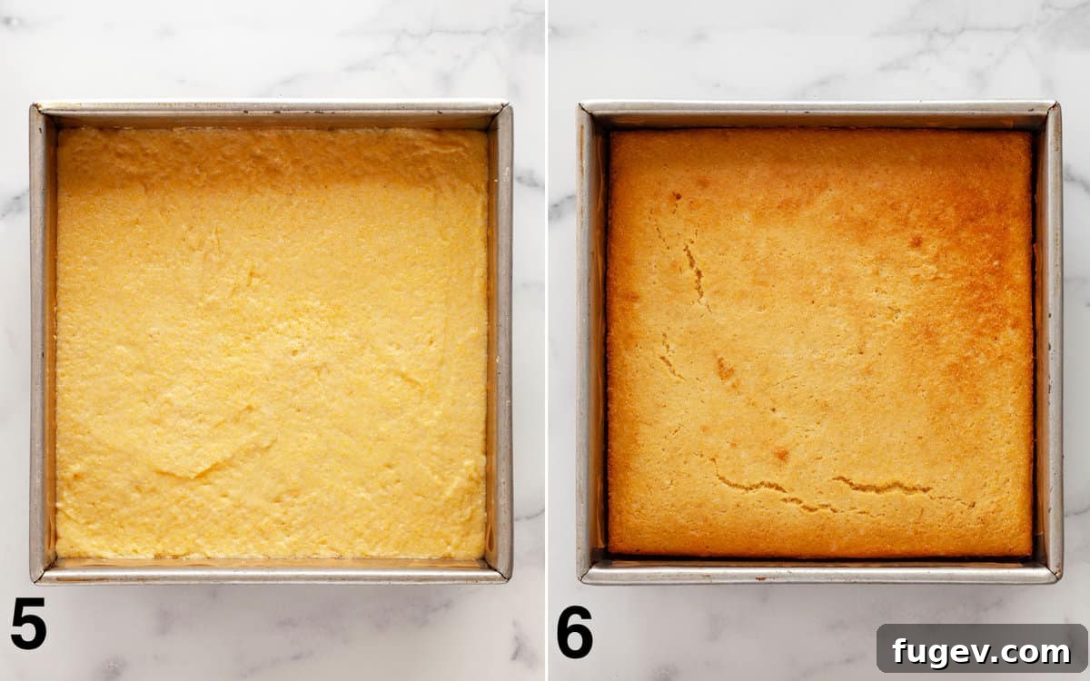 Southern Comfort Buttermilk Cornbread 6 A two-part image showing cornbread batter in a square pan before baking, and then the same cornbread baked to a golden brown with visible cracks.