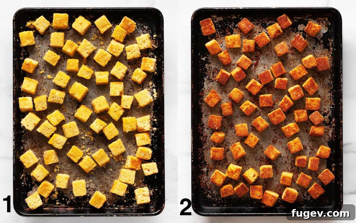 Golden Cornbread Bites 4 Two images side by side: cornbread cubes on a pan before baking and after baking, showing the golden crisp transformation.