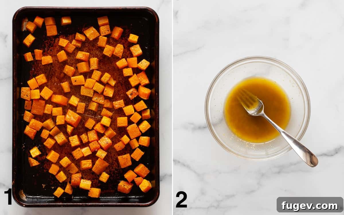 Golden Autumn Harvest Salad 4 Roasted butternut squash on a sheet pan. Apple cider vinaigrette whisked together in a bowl.