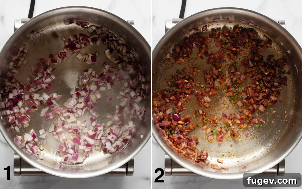 Hearty Pumpkin Lentil and Bean Chili 4 Finely chopped onions sautéing in olive oil in a large pot, turning translucent as they soften, forming the aromatic base for the pumpkin chili.