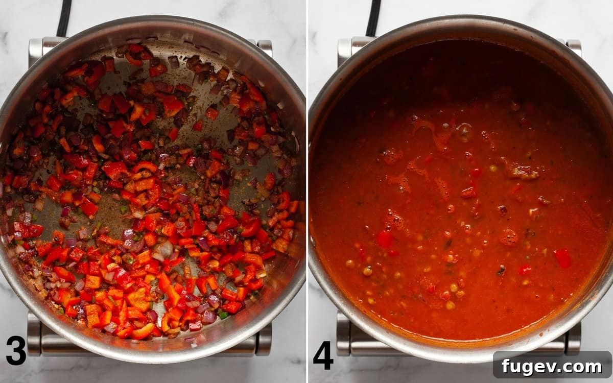 Hearty Pumpkin Lentil and Bean Chili 5 A large pot showing red bell peppers sautéing alongside onions, jalapeños, garlic, and a blend of aromatic spices, with a separate image showing the pumpkin chili simmering to perfection.