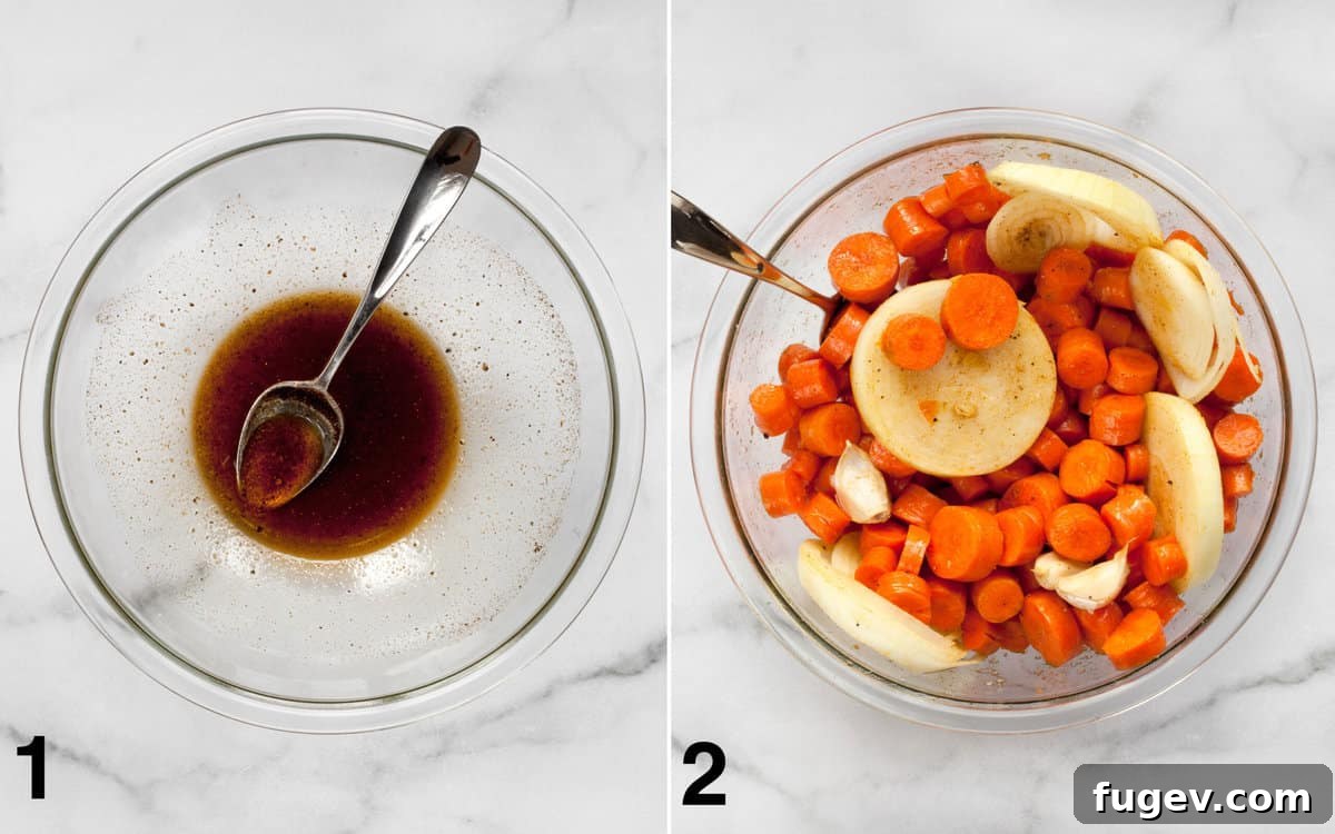 Velvety Roasted Carrot Bisque 4 Two sequential images showing the preparation of vegetables for roasting. The first image displays olive oil and a blend of dried spices in a large bowl. The second image shows sliced carrots, onions, and whole garlic cloves being stirred into this spice mixture, ensuring an even coating.