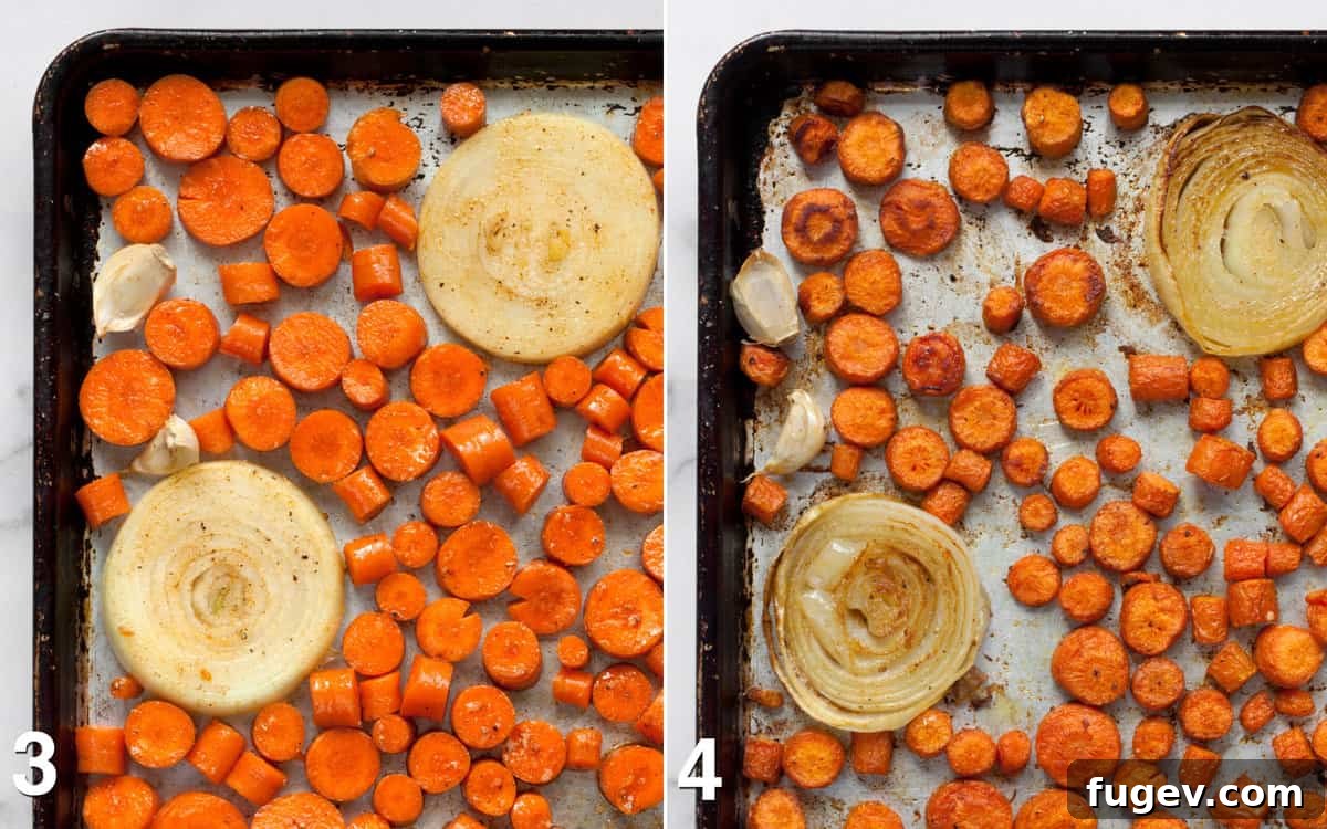 Velvety Roasted Carrot Bisque 5 A visual comparison of vegetables on a sheet pan: one section shows raw carrots, onions, and garlic before roasting, and the adjacent section shows the same vegetables after being roasted, exhibiting beautiful caramelization and tenderness.