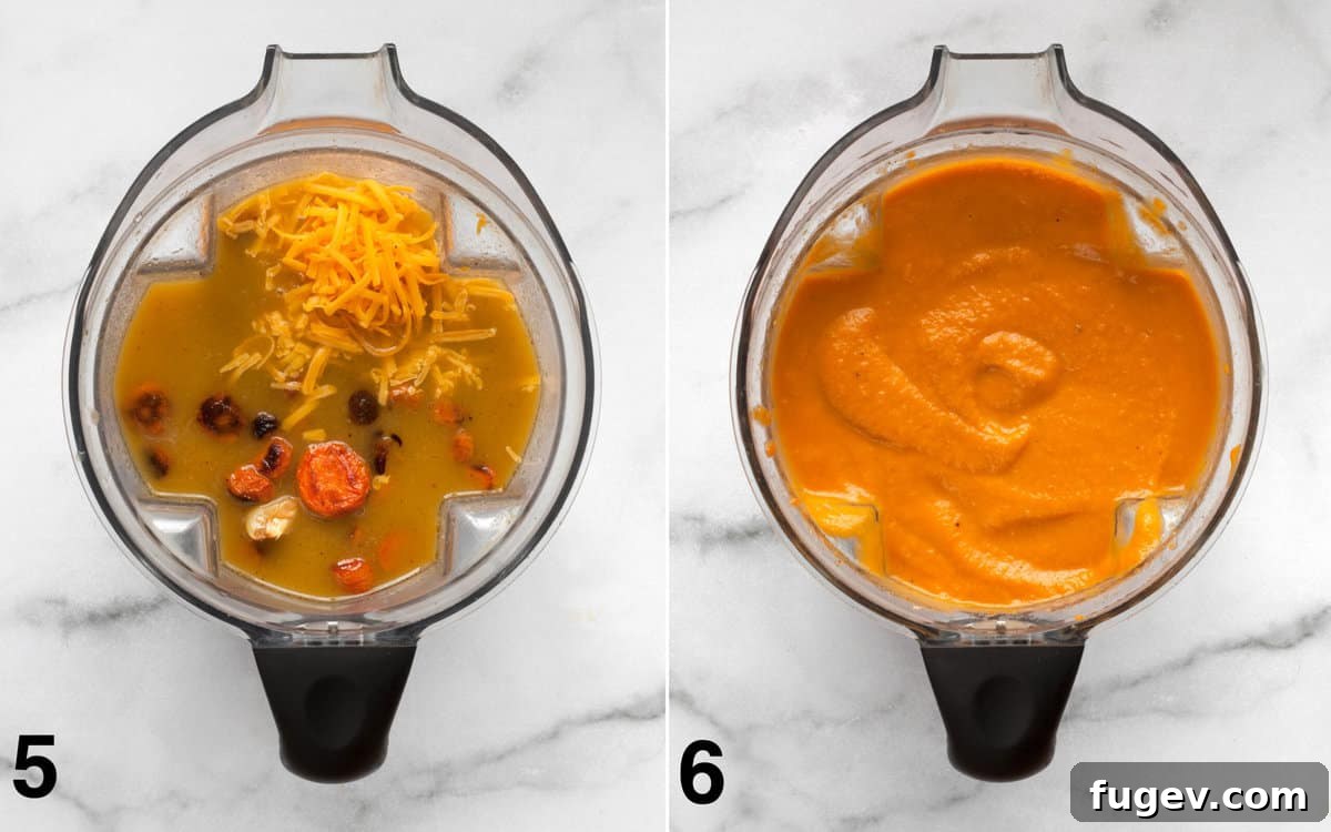 Velvety Roasted Carrot Bisque 6 A two-part image illustrating the blending process: the first section shows all the roasted soup ingredients (carrots, onions, garlic, broth, water, cheddar) placed in a blender. The second section depicts the blender in action, showing the ingredients transformed into a perfectly smooth and creamy pureed soup.
