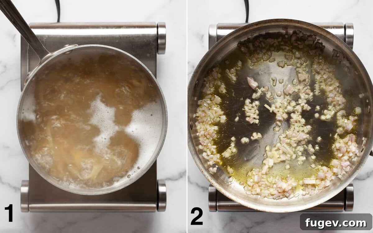Creamy Pumpkin Spinach Pasta 4 Two burners show simultaneously cooking: pasta boiling in one pot, and shallots sautéing in olive oil in a skillet on the other.