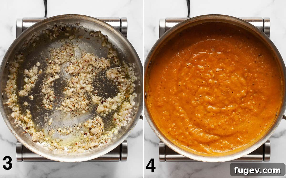 Creamy Pumpkin Spinach Pasta 5 Process shots: garlic and spices being stirred into sautéed shallots, followed by pumpkin puree, broth, and milk simmering to form the sauce.
