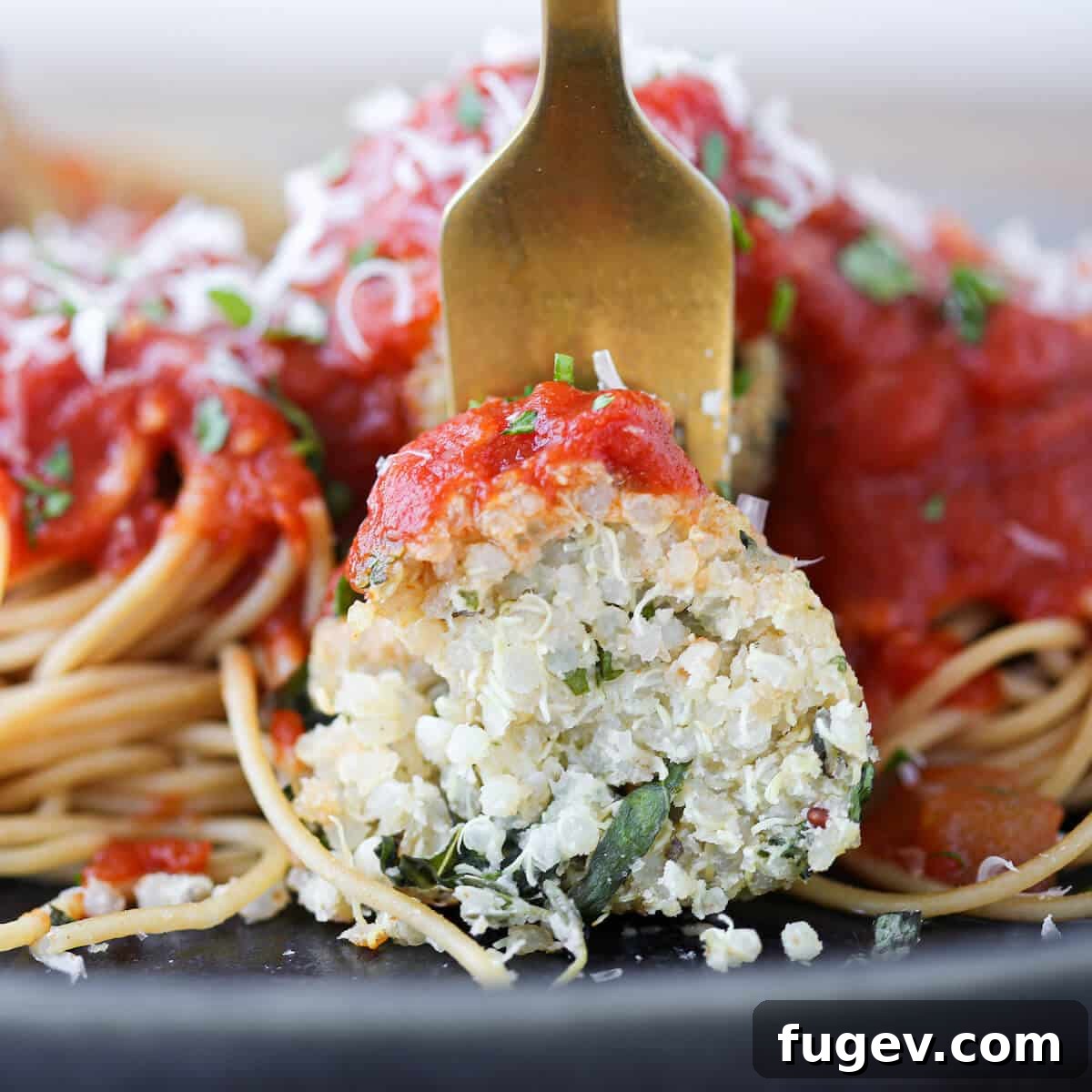 Wholesome Quinoa Veggie Meatballs 4 Quinoa Vegetarian Meatball on fork detailed