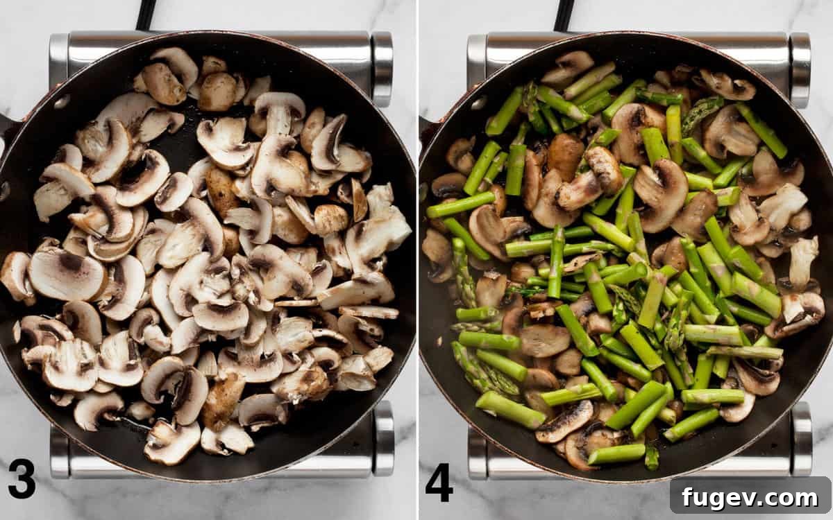 Vibrant Asparagus, Mushroom and Pea Stir-Fry 5 Mushrooms sizzling in a skillet, followed by asparagus being stirred in with the mushrooms.