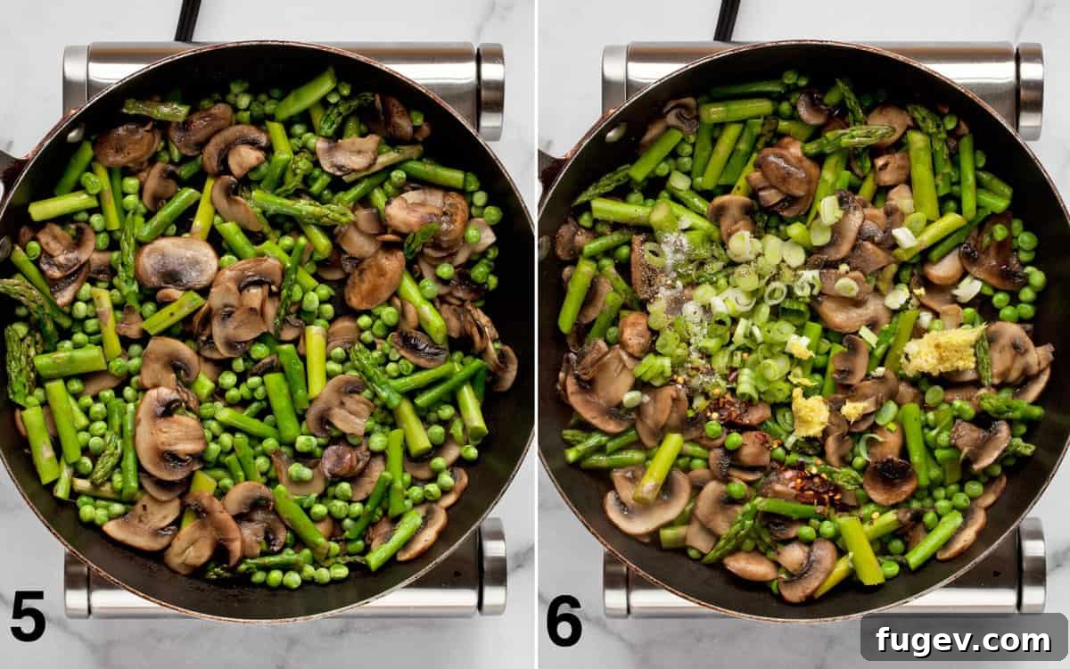 Vibrant Asparagus, Mushroom and Pea Stir-Fry 6 Sweet peas being added to sautéed mushrooms and asparagus, followed by the addition of scallions, garlic, and ginger.