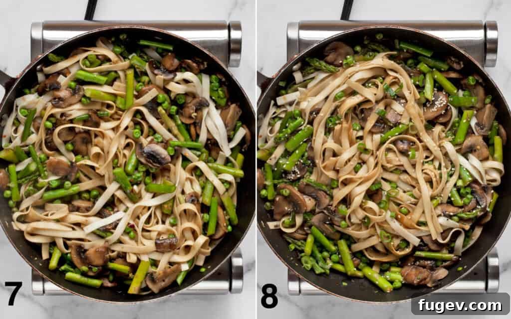 Vibrant Asparagus, Mushroom and Pea Stir-Fry 7 Cooked udon noodles being stirred into the vegetable mixture in the skillet, and the finished stir-fry topped with fresh scallions and sesame seeds.