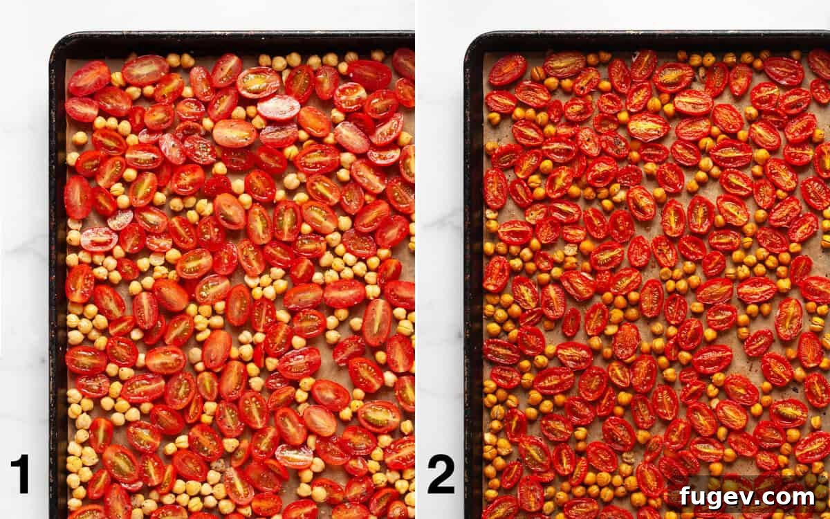 Mediterranean Chickpea Salad 4 Sheet pan with raw tomatoes and chickpeas on one side, and perfectly roasted, caramelized tomatoes and golden crispy chickpeas on the other.