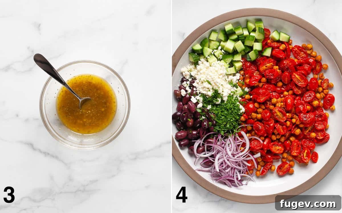 Mediterranean Chickpea Salad 5 Red wine vinaigrette in a small bowl next to a large bowl filled with assembled salad ingredients including roasted tomatoes and chickpeas, cucumbers, olives, onions, feta, and parsley.