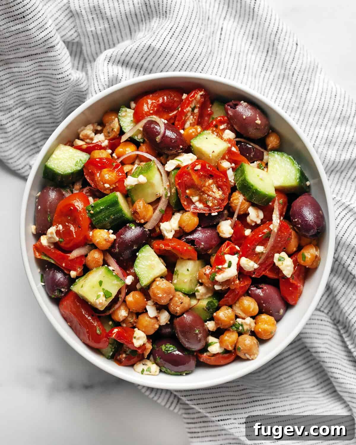 Mediterranean Chickpea Salad 7 Close-up of the roasted Greek chickpea salad showing texture and vibrant colors.