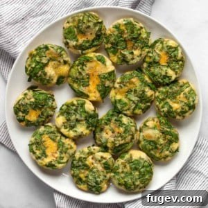 Savory Spinach & Parmesan Frittata Bites 7 Golden-brown egg bites on a white plate, ready to be served.