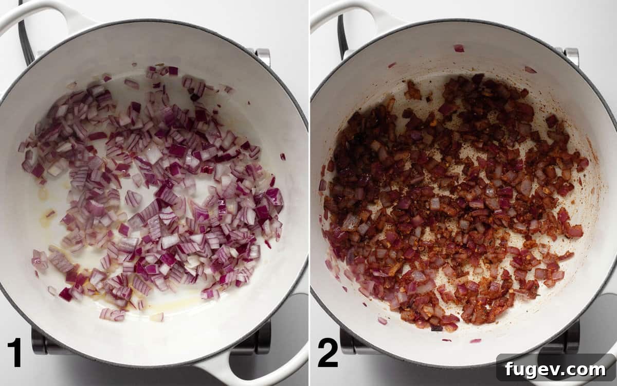 Hearty Sweet Potato Black Bean Chili 4 Step-by-step image: First, chopped red onions are sautéing in a Dutch oven. Second, minced garlic and a blend of dried seasonings are stirred into the fragrant onions, creating an aromatic base for the chili.