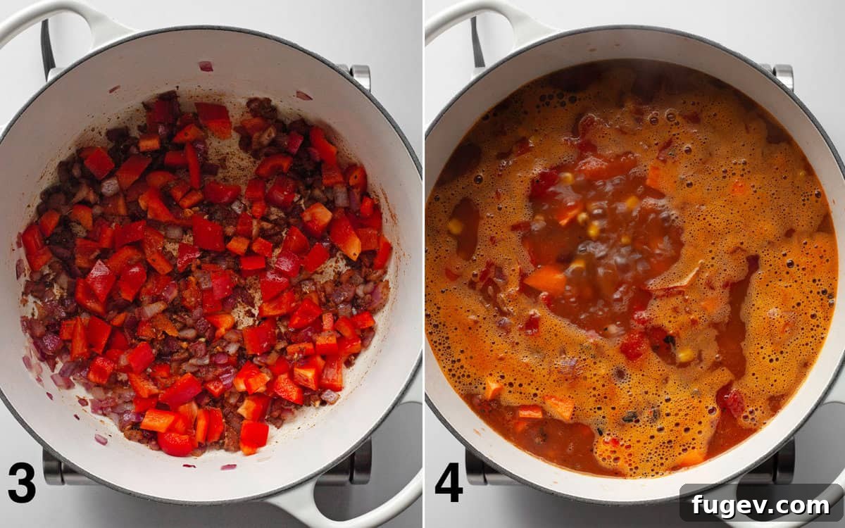 Hearty Sweet Potato Black Bean Chili 5 Another step-by-step image: First, diced red bell peppers are sautéing with onions and spices. Second, the pot is full of sweet potatoes, beans, corn, tomatoes, and broth, simmering gently to create a rich, hearty chili.