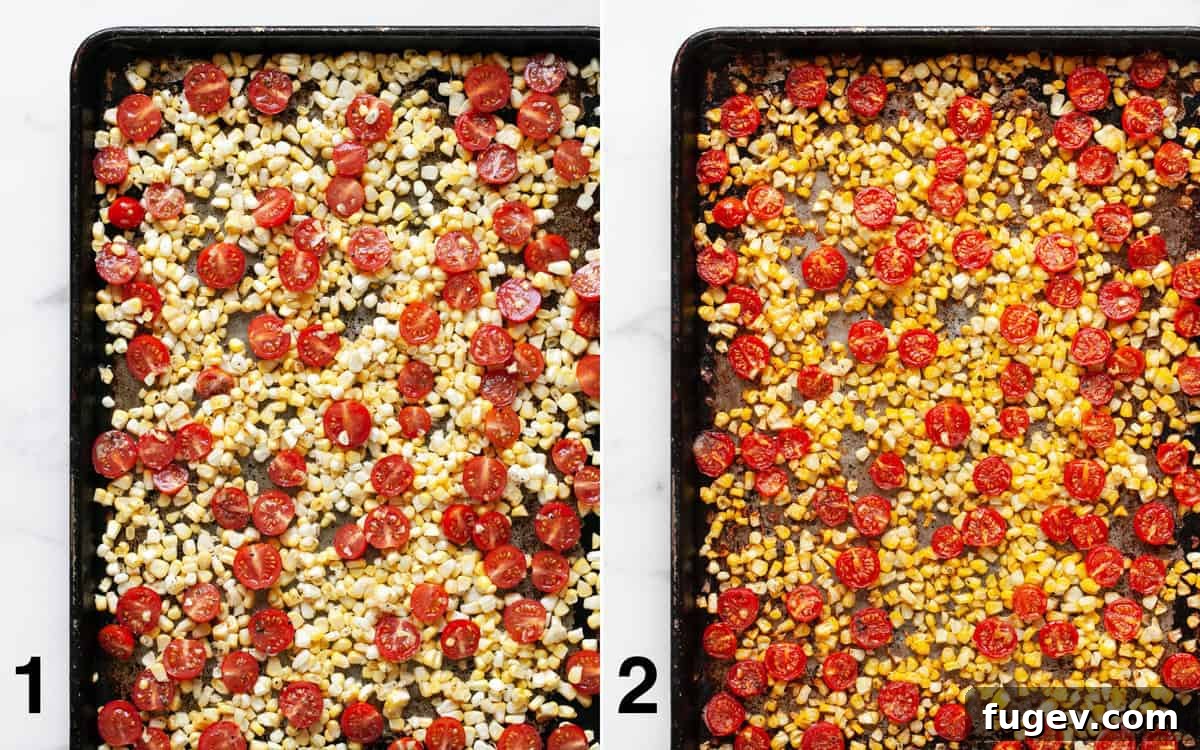 Golden Corn Pesto Pasta 4 A two-panel image showing corn kernels and halved cherry tomatoes on a sheet pan: one before roasting, vibrant and raw, and the other after roasting, golden and slightly caramelized.