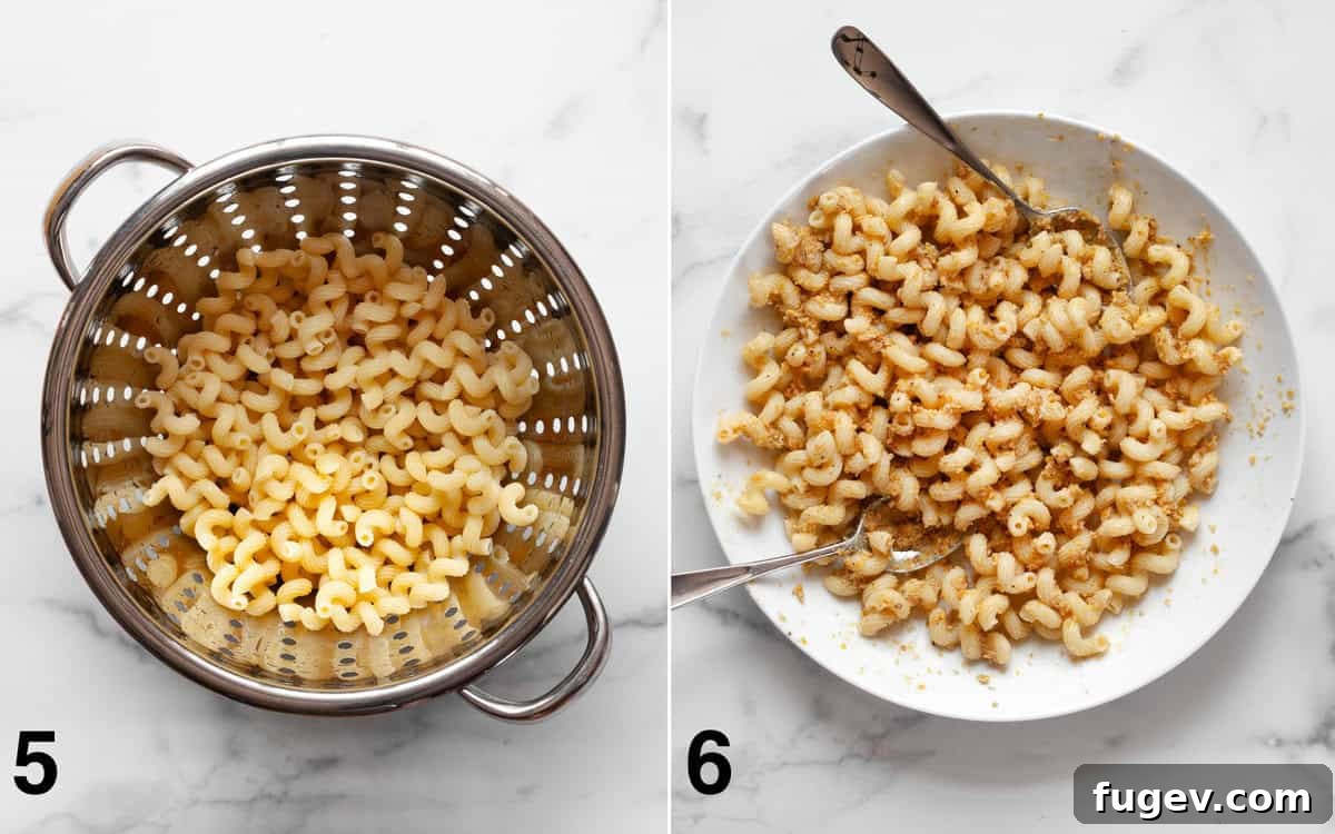 Golden Corn Pesto Pasta 6 A two-panel image: one showing cooked pasta draining in a colander, and the other showing the vibrant green pesto being stirred into the pasta in a large bowl.