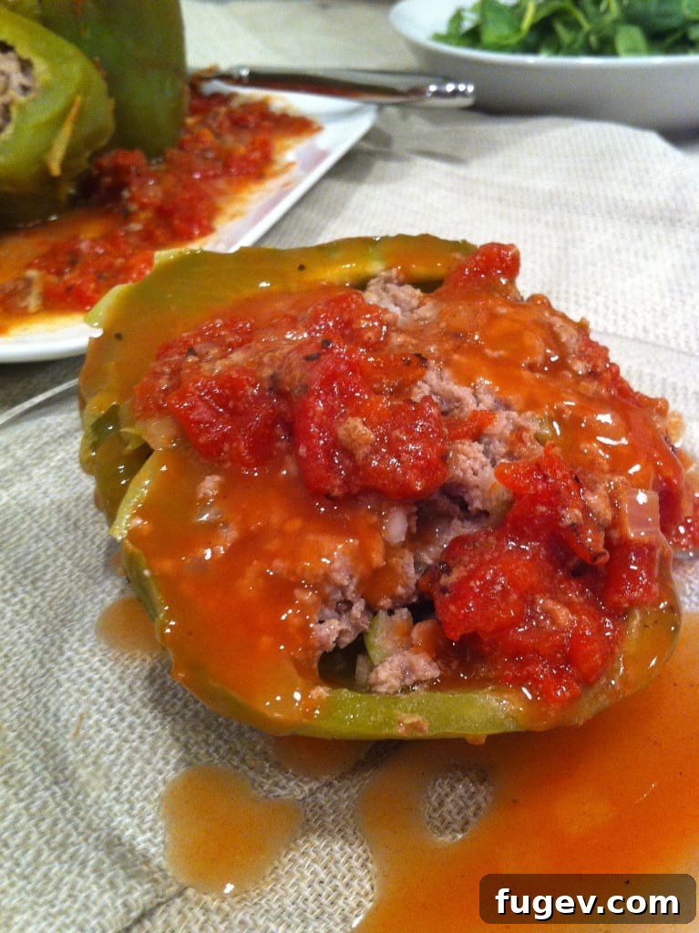 Creole Stuffed Peppers with Zesty Tomato Sauce 2 Flavorful Creole Stuffed Peppers garnished with herbs and rich tomato sauce