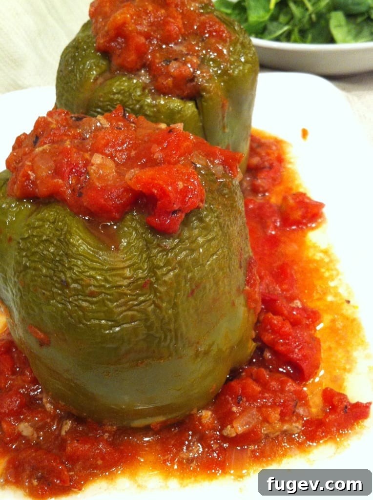 Creole Stuffed Peppers with Zesty Tomato Sauce 3 Close-up of baked Creole Stuffed Peppers with molten sauce