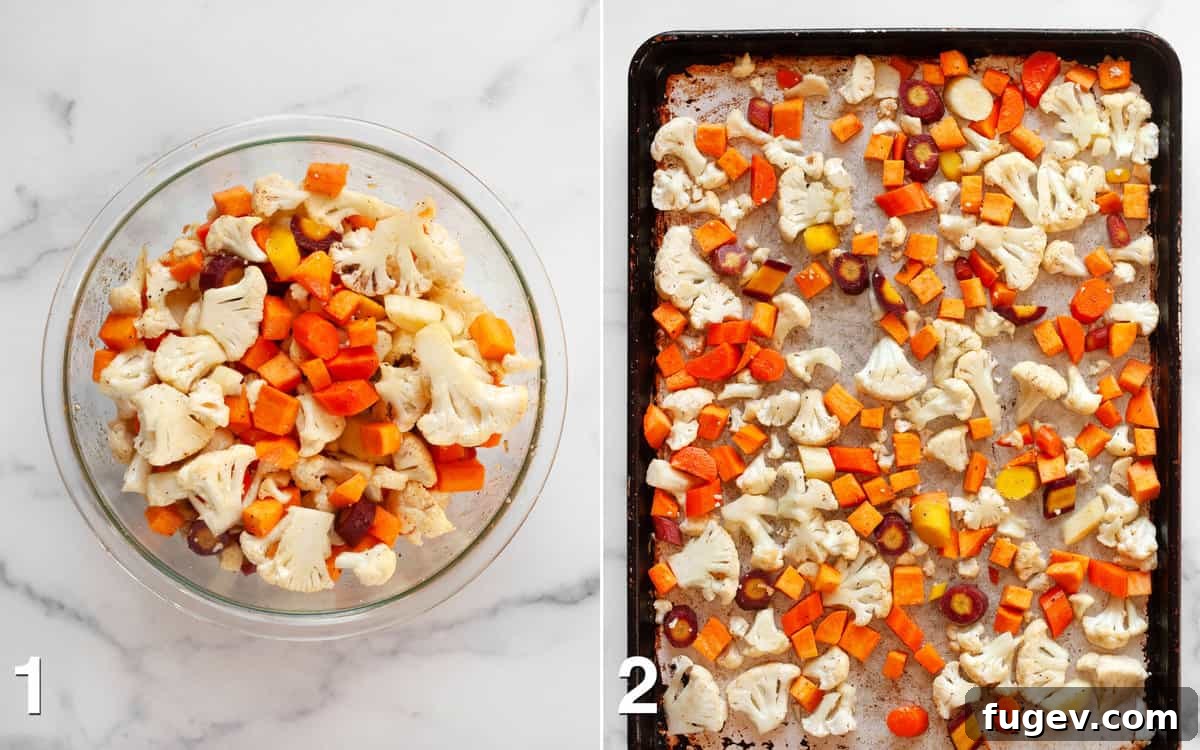 Warm Roasted Harvest Salad 4 Vegetables tossed in spices and oil in a bowl, followed by the seasoned veggies spread across a sheet pan before roasting.