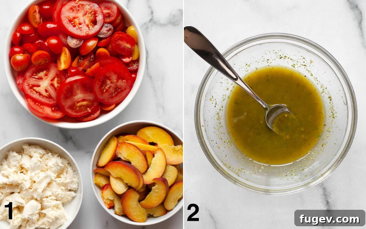 Summer Peach Caprese Salad 4 Sliced tomatoes, sliced peaches and torn mozzarella in separate bowls. Basil pesto vinaigrette whisked in a bowl. Demonstrates the readiness of ingredients before assembly.